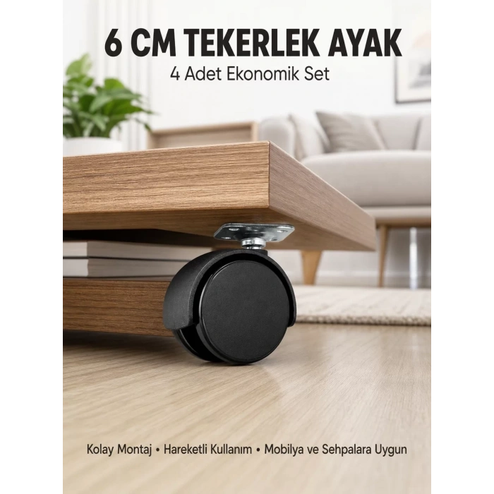 Halı ve Beton Uyumlu Kilitsiz Mobilya Tekerleği 4’lü