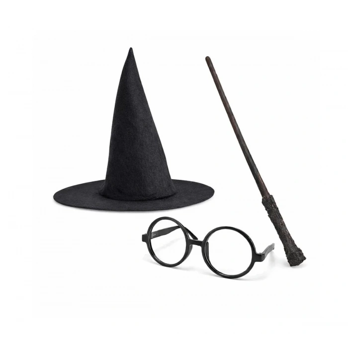 Harry Potter Tarzı Çocuk Seti - Siyah Keçe Şapka, Asa, Gözlük