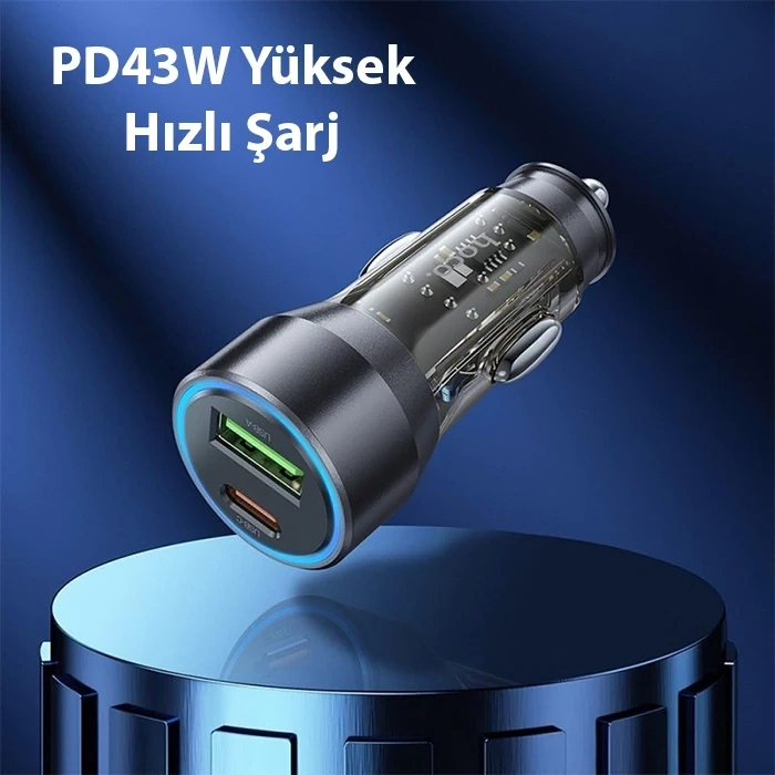 HOCO NZ12A Action PD43W USB + Type-C Araç Çakmaklık Hızlı Şarj Aleti + Type-C to iPhone Lightning Ka-(5775)