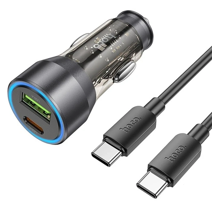 HOCO NZ12A Action PD43W USB + Type-C Araç Çakmaklık Hızlı Şarj Aleti + Type-C to Type-C Kablo-(5775)