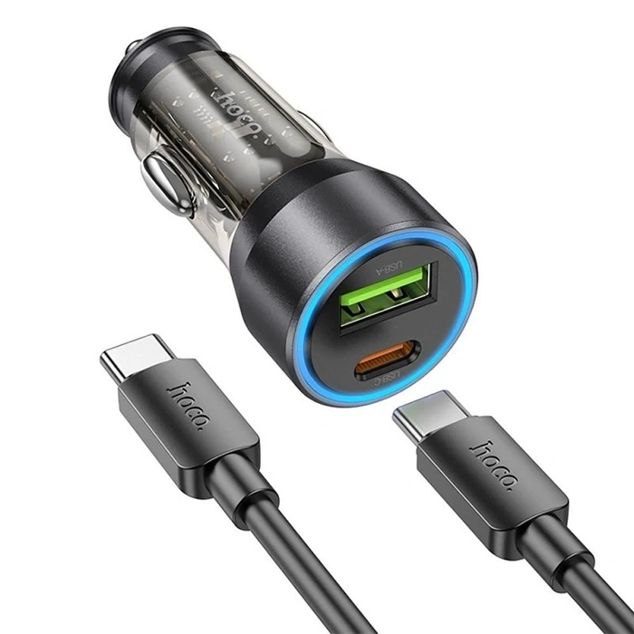 HOCO NZ12A Action PD43W USB + Type-C Araç Çakmaklık Hızlı Şarj Aleti + Type-C to Type-C Kablo-(5775)
