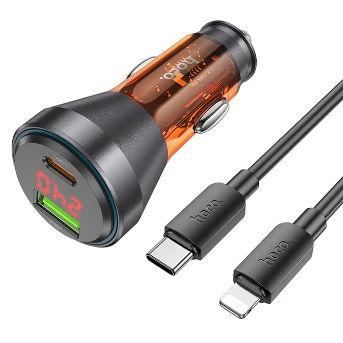 HOCO NZ12B Unimpeded PD48W USB + Type-C Araç Çakmaklı Hızlı Şarj Aleti + Type-C to iPhone Kablo-(5775)