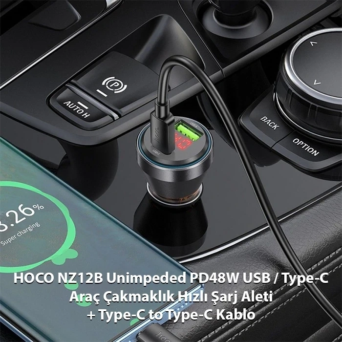 HOCO NZ12B Unimpeded PD48W USB + Type-C Araç Çakmaklı Hızlı Şarj Aleti + Type-C to Type-C Kablo-(5775)