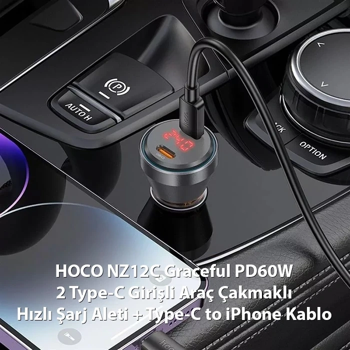 HOCO NZ12C Graceful PD60W 2 Type-C Girişli Araç Çakmaklı Hızlı Şarj Aleti + Type-C to iPhone Kablo-(5775)