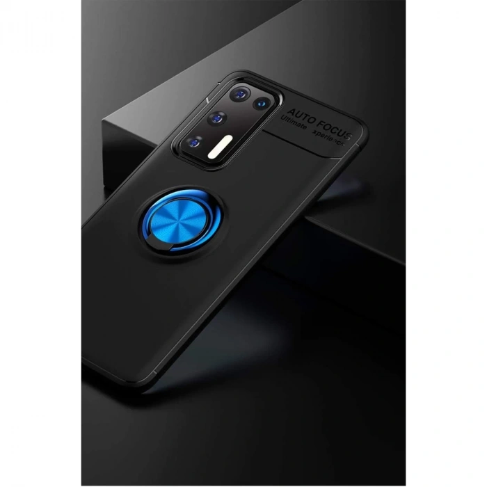 Huawei P40 Kılıf Range Yüzüklü Silikon - Siyah-mavi