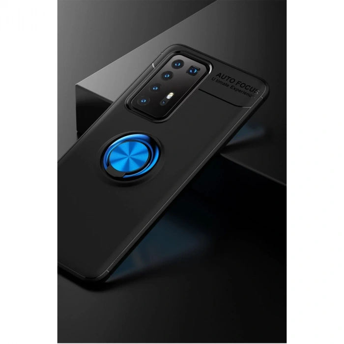 Huawei P40 Pro Kılıf Range Yüzüklü Silikon - Siyah-mavi