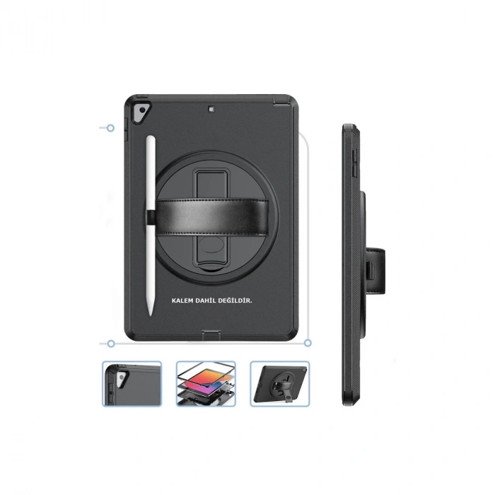 İpad 10.2 (7.nesil) Kılıf Hand Strap Tablet Kılıfı - Siyah