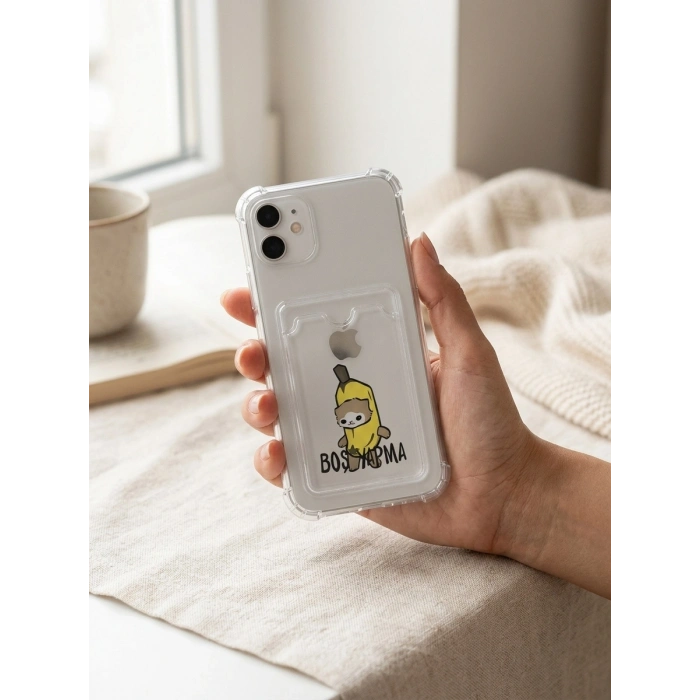 iPhone 11 Boş Yapma Muz Detaylı Kart Bölmeli Şeffaf Telefon Kılıfı
