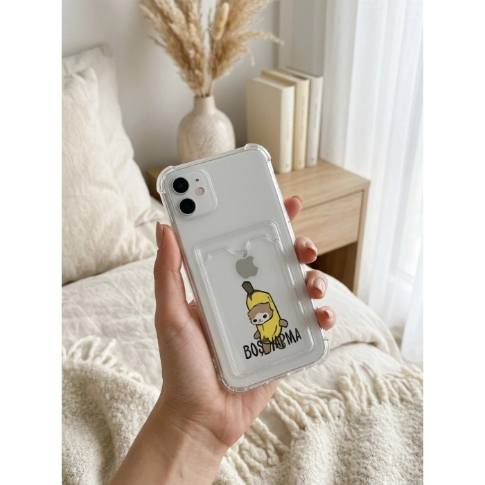 iPhone 11 Boş Yapma Muz Detaylı Kart Bölmeli Şeffaf Telefon Kılıfı