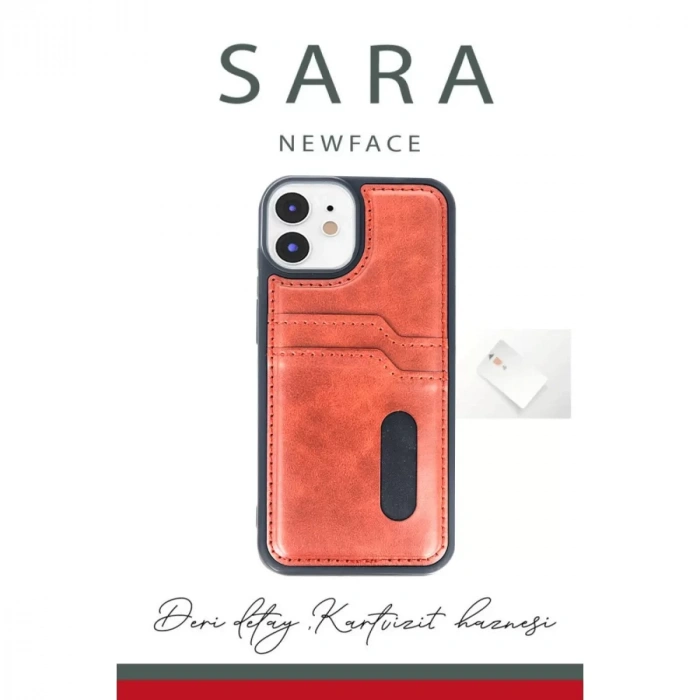 İphone 11 Kılıf Sara Kartvizitli Deri Kılıf - Kırmızı