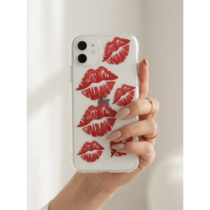 iPhone 11 Kırmızı Dudak / Öpücük Desenli Şeffaf Telefon Kılıfı
