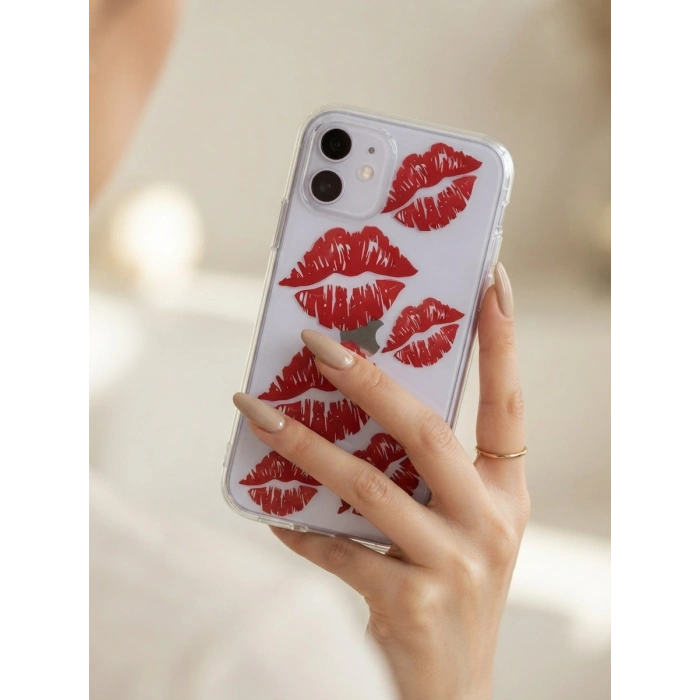 iPhone 11 Kırmızı Dudak / Öpücük Desenli Şeffaf Telefon Kılıfı