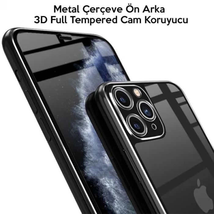 İPhone 11 Pro Max Metal Çerçeve Ön Arka 3D Full Tempered Cam Koruyucu-(5775)