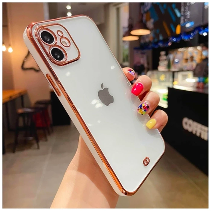 iPhone 12 6.1inç Gold Çerçeve Kamera Korumalı Silikon Bumper Kılıf-(5775)