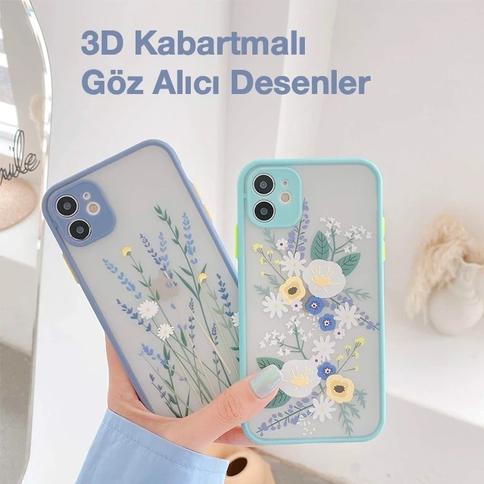iPhone 12 6.1inç Kamera Korumalı Çiçek Desenli Silikon Kılıf-(5775)