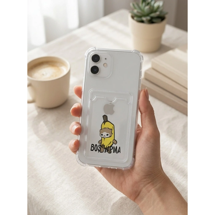 iPhone 12 Boş Yapma Muz Detaylı Kart Bölmeli Şeffaf Telefon Kılıfı