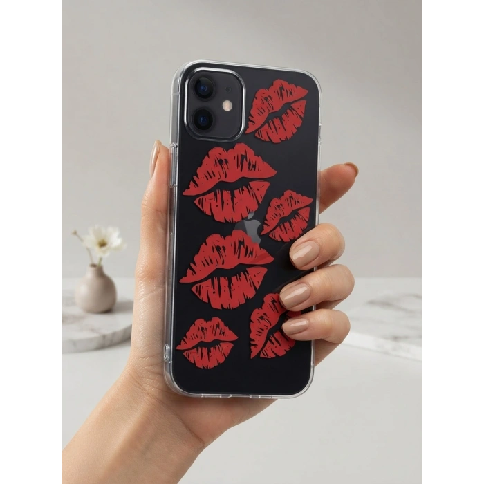 iPhone 12 Kırmızı Dudak / Öpücük Desenli Şeffaf Telefon Kılıfı
