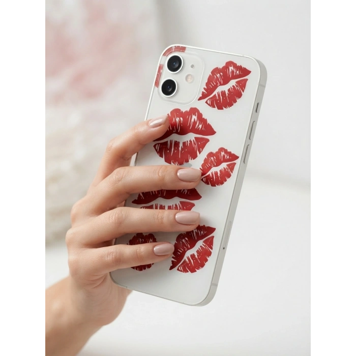 iPhone 12 Kırmızı Dudak / Öpücük Desenli Şeffaf Telefon Kılıfı