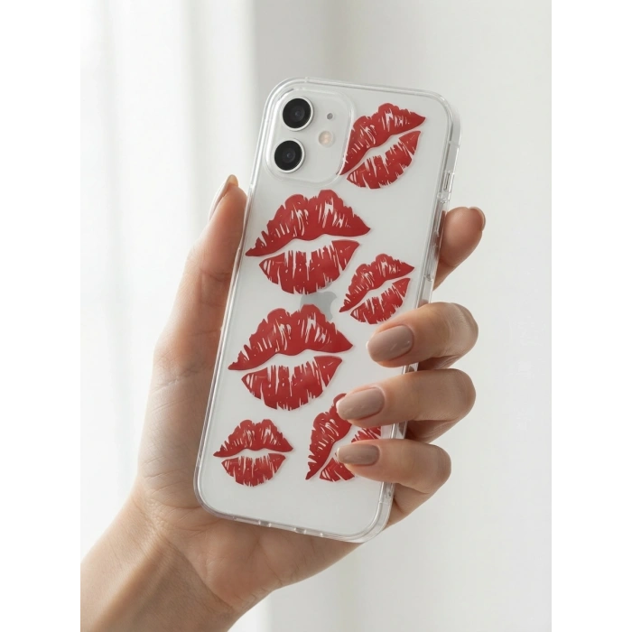 iPhone 12 Kırmızı Dudak / Öpücük Desenli Şeffaf Telefon Kılıfı
