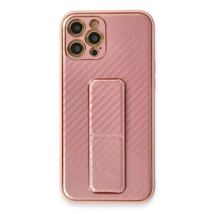İphone 12 Pro Kılıf Coco Karbon Standlı Kapak - Pembe