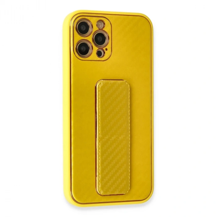 İphone 12 Pro Max Kılıf Coco Karbon Standlı Kapak - Sarı