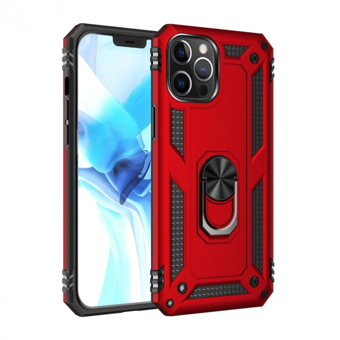 İphone 12 Pro Max Kılıf Sofya Yüzüklü Silikon Kapak - Kırmızı