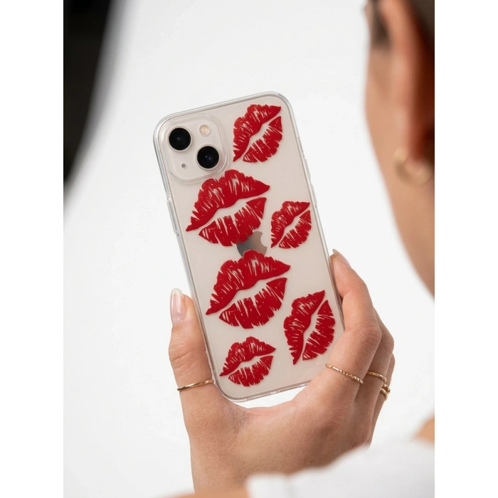 İphone 13 Kırmızı Dudak / Öpücük Desenli Şeffaf Telefon Kılıfı