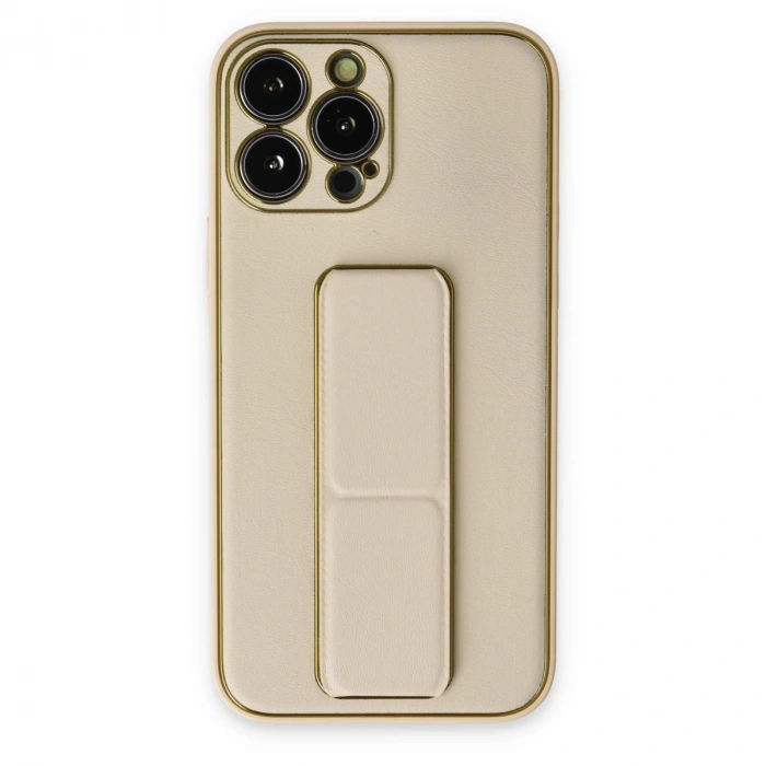 İphone 13 Pro Kılıf Coco Deri Standlı Kapak - Gold