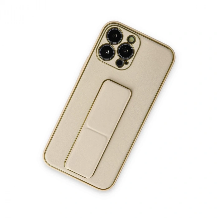 İphone 13 Pro Kılıf Coco Deri Standlı Kapak - Gold