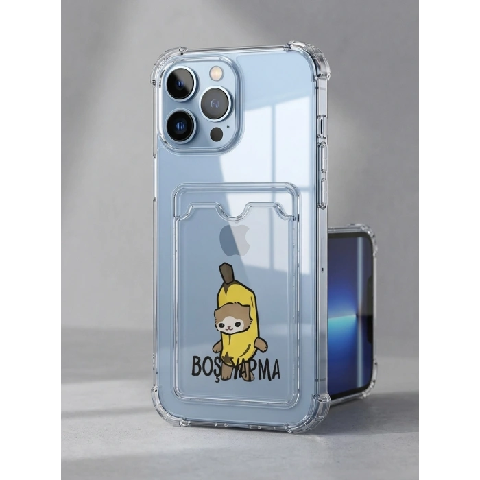 iPhone 13 Pro Max Boş Yapma Muz Detaylı Kart Bölmeli Şeffaf Telefon Kılıfı