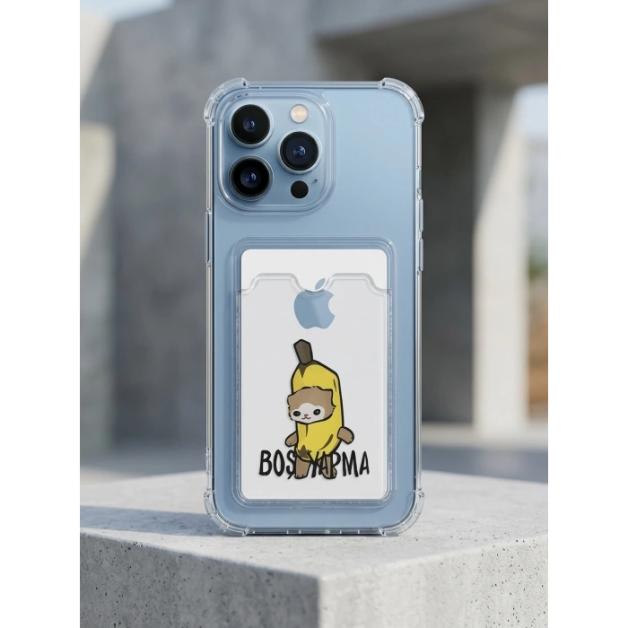 iPhone 13 Pro Max Boş Yapma Muz Detaylı Kart Bölmeli Şeffaf Telefon Kılıfı