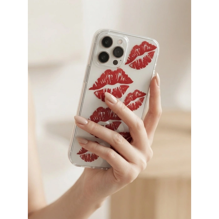 iPhone 13 Pro Max Kırmızı Dudak / Öpücük Desenli Şeffaf Telefon Kılıfı