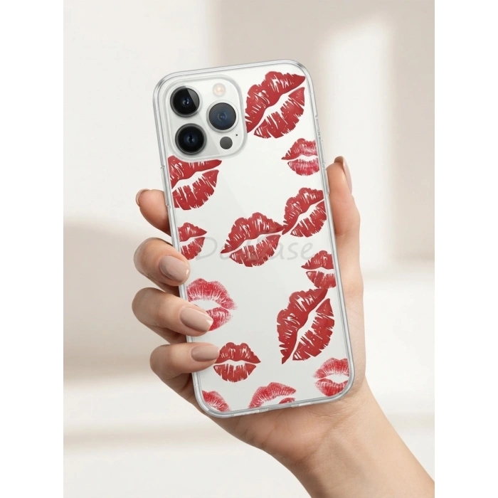 iPhone 13 Pro Max Kırmızı Dudak / Öpücük Desenli Şeffaf Telefon Kılıfı