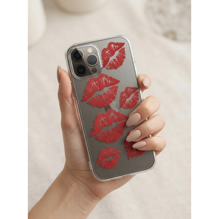 iPhone 13 Pro Max Kırmızı Dudak / Öpücük Desenli Şeffaf Telefon Kılıfı