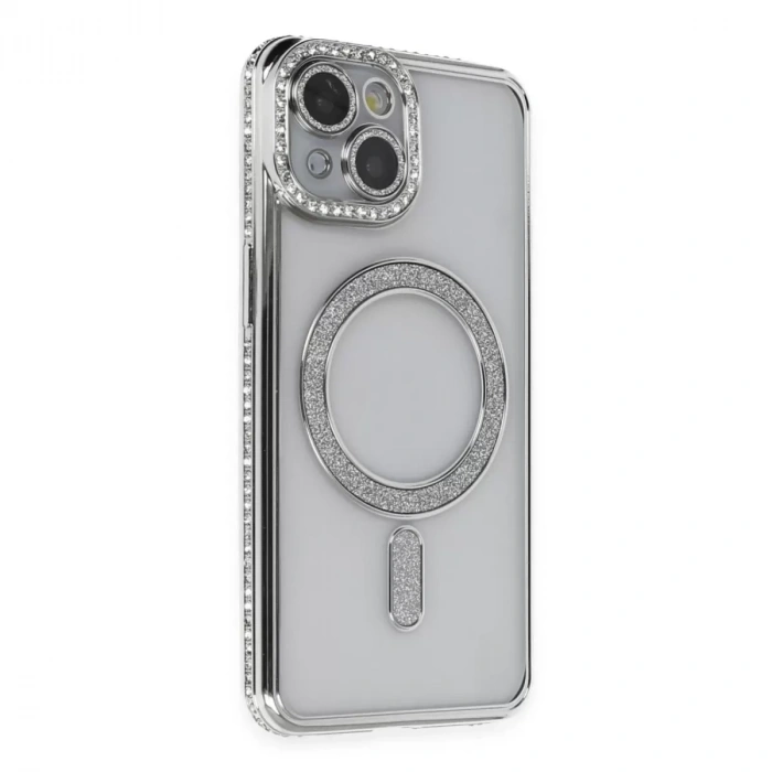 İphone 14 Kılıf Joke Simli Magneticsafe Kılıf - Gümüş