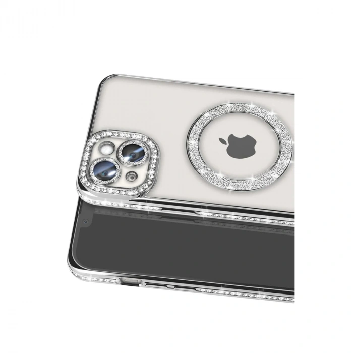 İphone 14 Kılıf Joke Simli Magneticsafe Kılıf - Gümüş