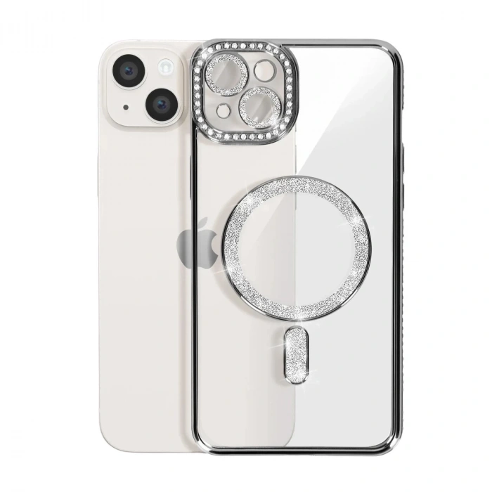 İphone 14 Kılıf Joke Simli Magneticsafe Kılıf - Gümüş