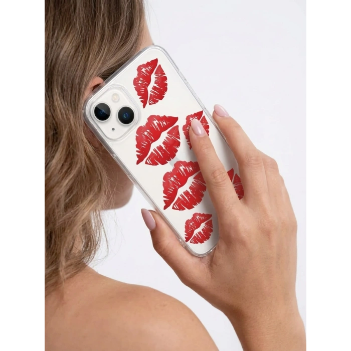 İphone 14 Kırmızı Dudak / Öpücük Desenli Şeffaf Telefon Kılıfı