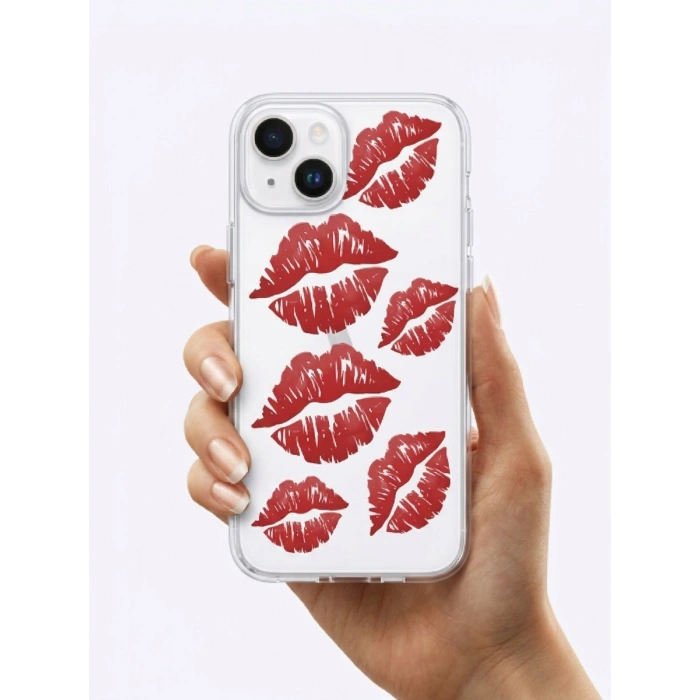 İphone 14 Kırmızı Dudak / Öpücük Desenli Şeffaf Telefon Kılıfı