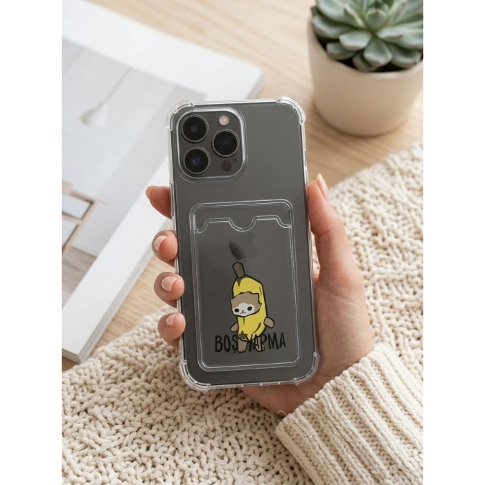 iPhone 14 Pro Max Boş Yapma Muz Detaylı Kart Bölmeli Şeffaf Telefon Kılıfı