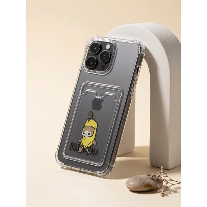 iPhone 14 Pro Max Boş Yapma Muz Detaylı Kart Bölmeli Şeffaf Telefon Kılıfı