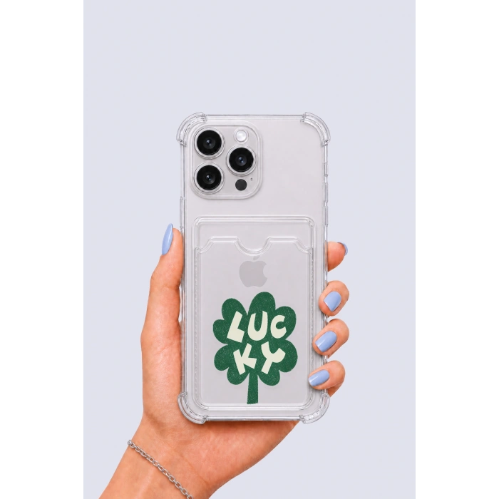 iPhone 14 Pro Max Kartlıklı Lucky Yonca Desenli Kılıf