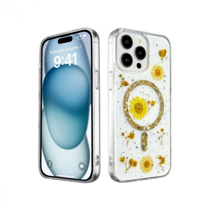 İphone 14 Pro Max Kılıf Daisy Simli Magsafe Kapak - Gold