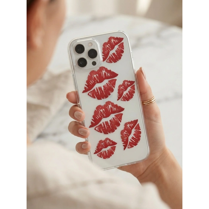 iPhone 14 Pro Max Kırmızı Dudak / Öpücük Desenli Şeffaf Telefon Kılıfı