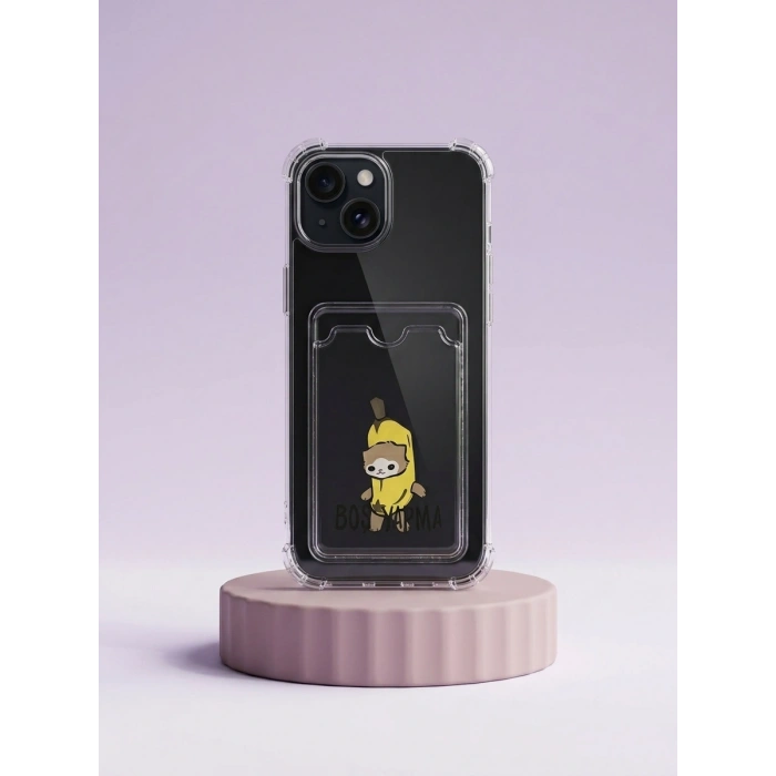 iPhone 15 Boş Yapma Muz Detaylı Kart Bölmeli Şeffaf Telefon Kılıfı