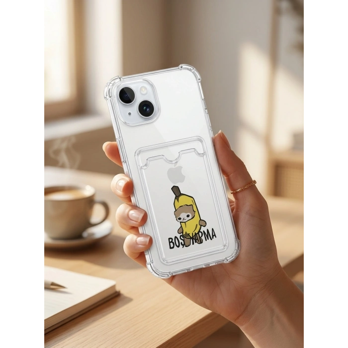 iPhone 15 Boş Yapma Muz Detaylı Kart Bölmeli Şeffaf Telefon Kılıfı