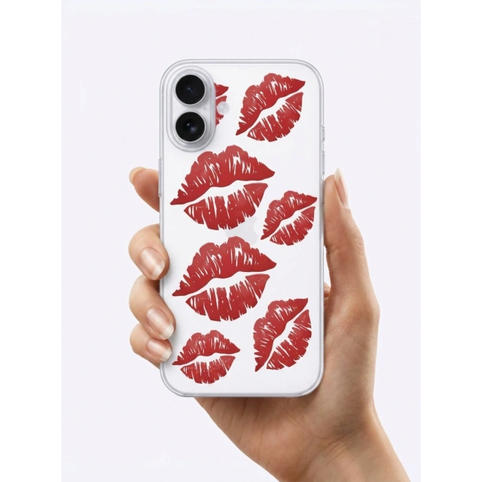 İphone 15 Kırmızı Dudak / Öpücük Desenli Şeffaf Telefon Kılıfı