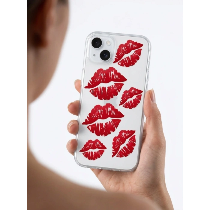 İphone 15 Kırmızı Dudak / Öpücük Desenli Şeffaf Telefon Kılıfı