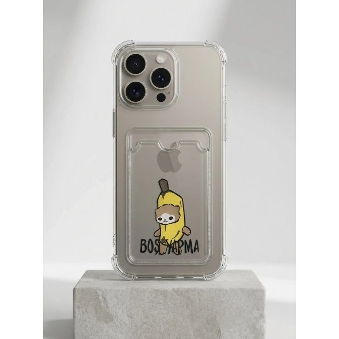 iPhone 15 Pro Max Boş Yapma Muz Detaylı Kart Bölmeli Şeffaf Telefon Kılıfı