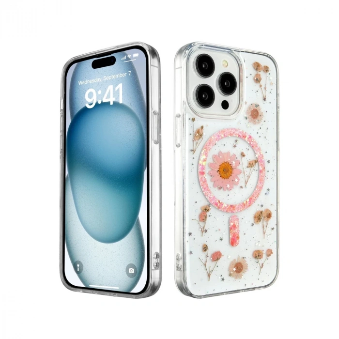 İphone 15 Pro Max Kılıf Daisy Simli Magsafe Kapak - Pembe